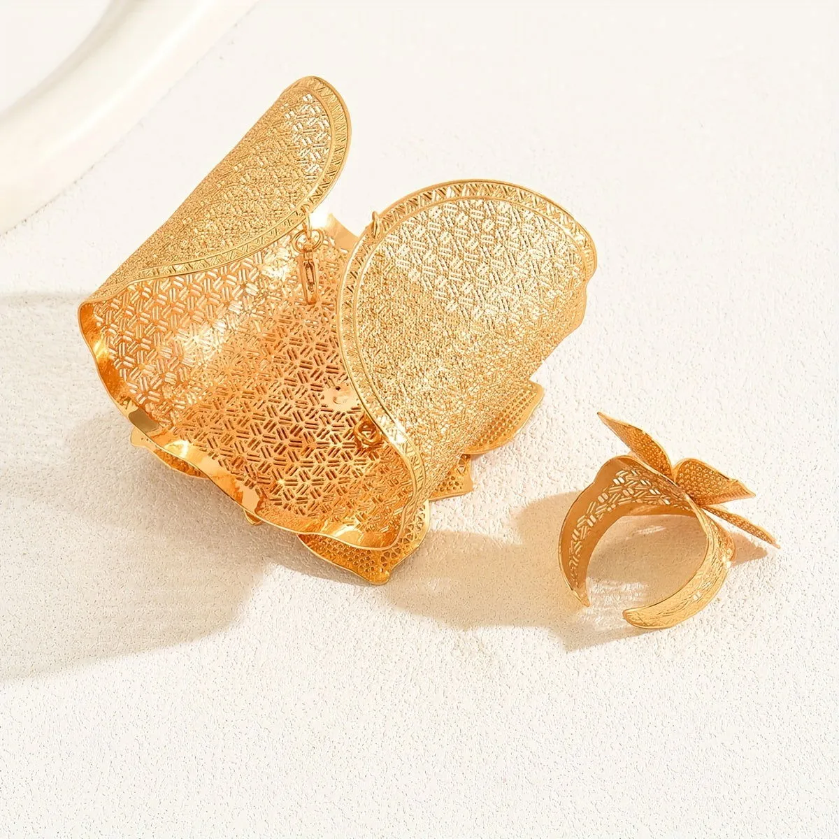 Vintage 24k Golden Gold-Plated Flower Bangle and Ring