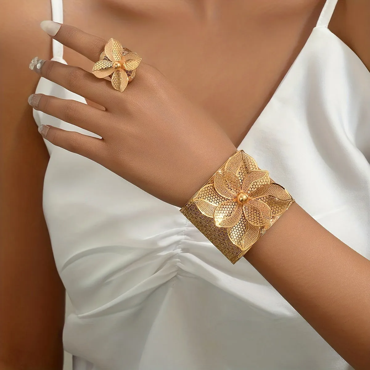 Vintage 24k Golden Gold-Plated Flower Bangle and Ring