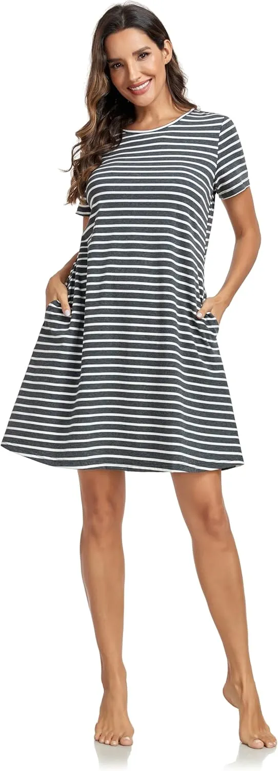 VintageClothing Womens Casual Summer T Shirt Dress Swing Loose Fit Short Sleeve Tunic Dress with Pockets for Women