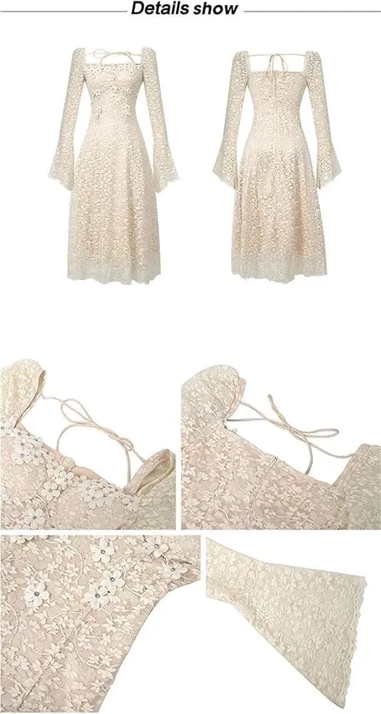 Women's Elegant Sweet Flower Lace Evening Dress Flare Sleeve Slim Party Wedding Guest Formal Dresses
