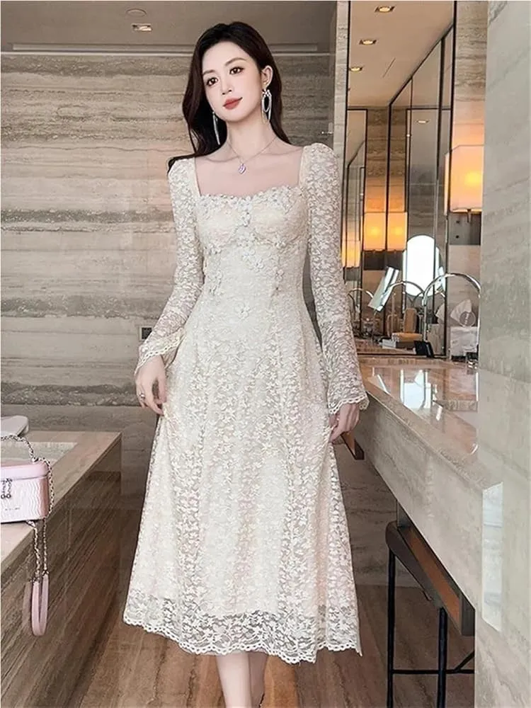 Women's Elegant Sweet Flower Lace Evening Dress Flare Sleeve Slim Party Wedding Guest Formal Dresses