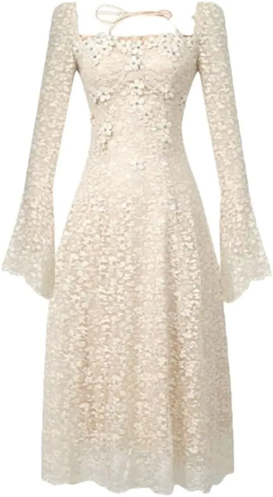 Women's Elegant Sweet Flower Lace Evening Dress Flare Sleeve Slim Party Wedding Guest Formal Dresses