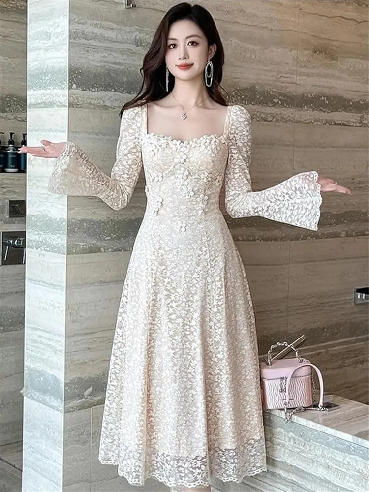 Women's Elegant Sweet Flower Lace Evening Dress Flare Sleeve Slim Party Wedding Guest Formal Dresses