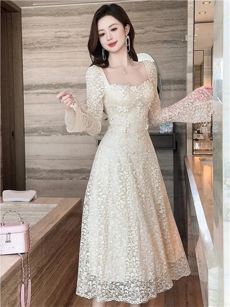 Women's Elegant Sweet Flower Lace Evening Dress Flare Sleeve Slim Party Wedding Guest Formal Dresses