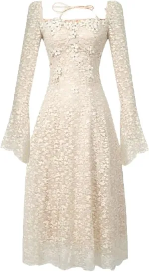 Women's Elegant Sweet Flower Lace Evening Dress Flare Sleeve Slim Party Wedding Guest Formal Dresses