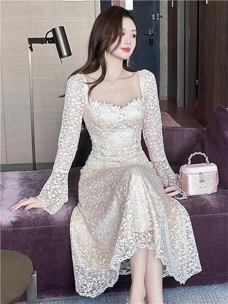 Women's Elegant Sweet Flower Lace Evening Dress Flare Sleeve Slim Party Wedding Guest Formal Dresses