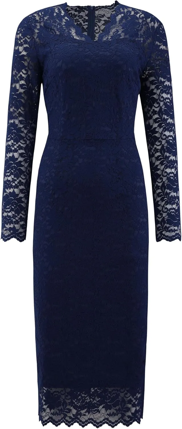Women's Floral Lace Dress V Neck Long Sleeve Cocktail Wedding Bodycon Pencil Dresses