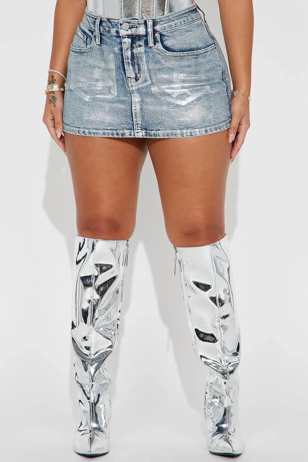 Women's Metallic Mini Denim Skirt High Waist Zipper Slim Fit Bodycon Shiny Short Skirts