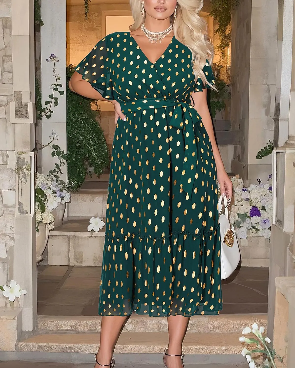 Women's Plus Size Dress for Wedding Guest - Semi Formal Cocktail Holiday Gold Dot Midi Dresses