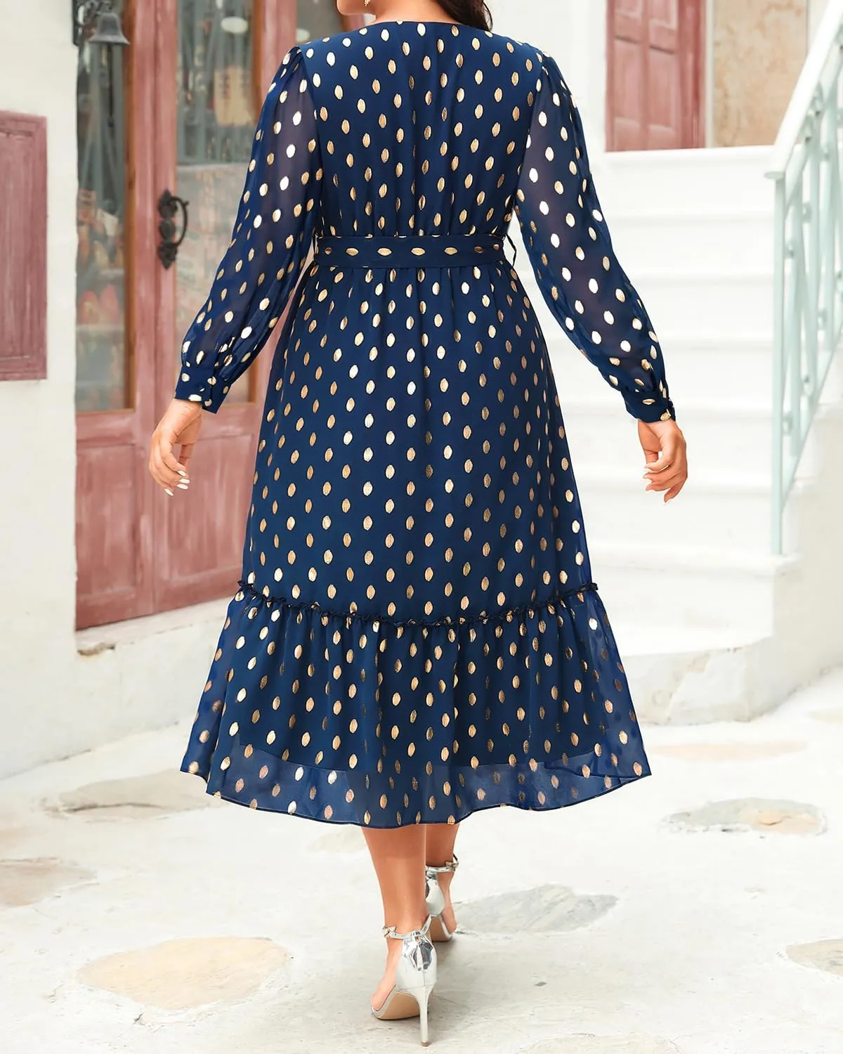 Women's Plus Size Dress for Wedding Guest - Semi Formal Cocktail Holiday Gold Dot Midi Dresses