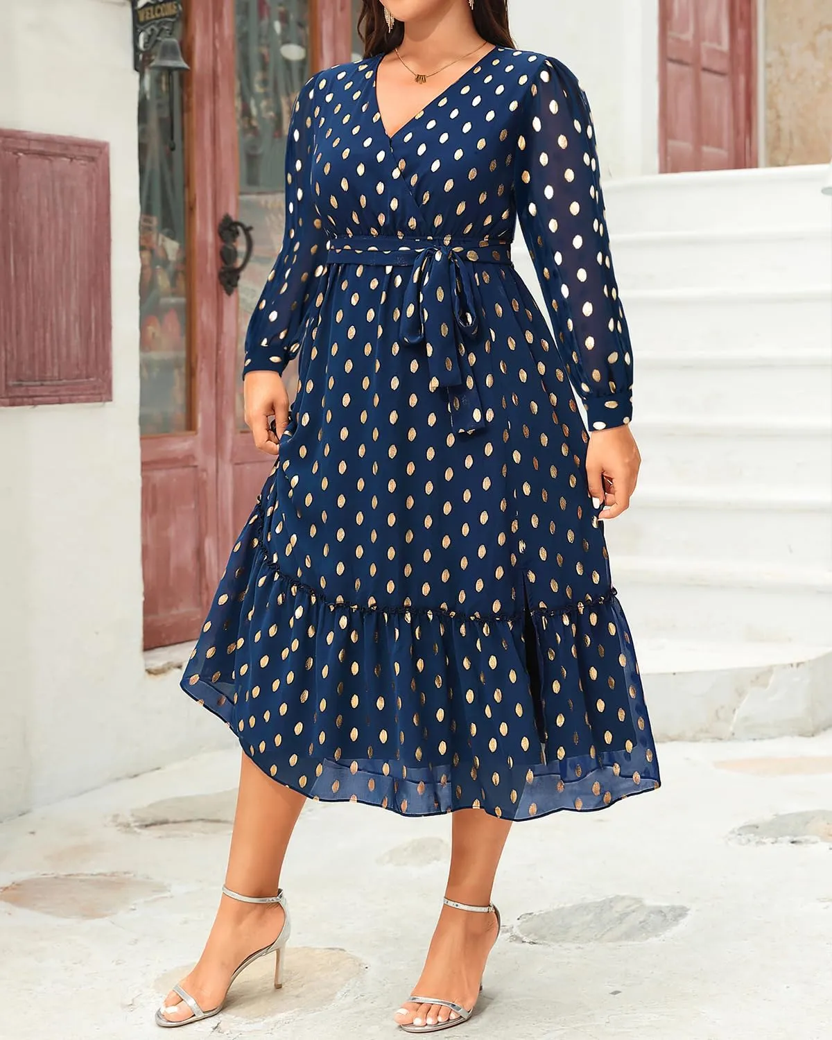 Women's Plus Size Dress for Wedding Guest - Semi Formal Cocktail Holiday Gold Dot Midi Dresses