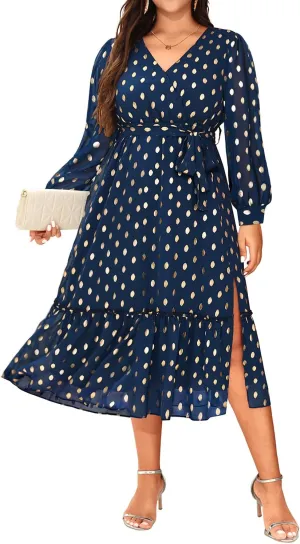 Women's Plus Size Dress for Wedding Guest - Semi Formal Cocktail Holiday Gold Dot Midi Dresses