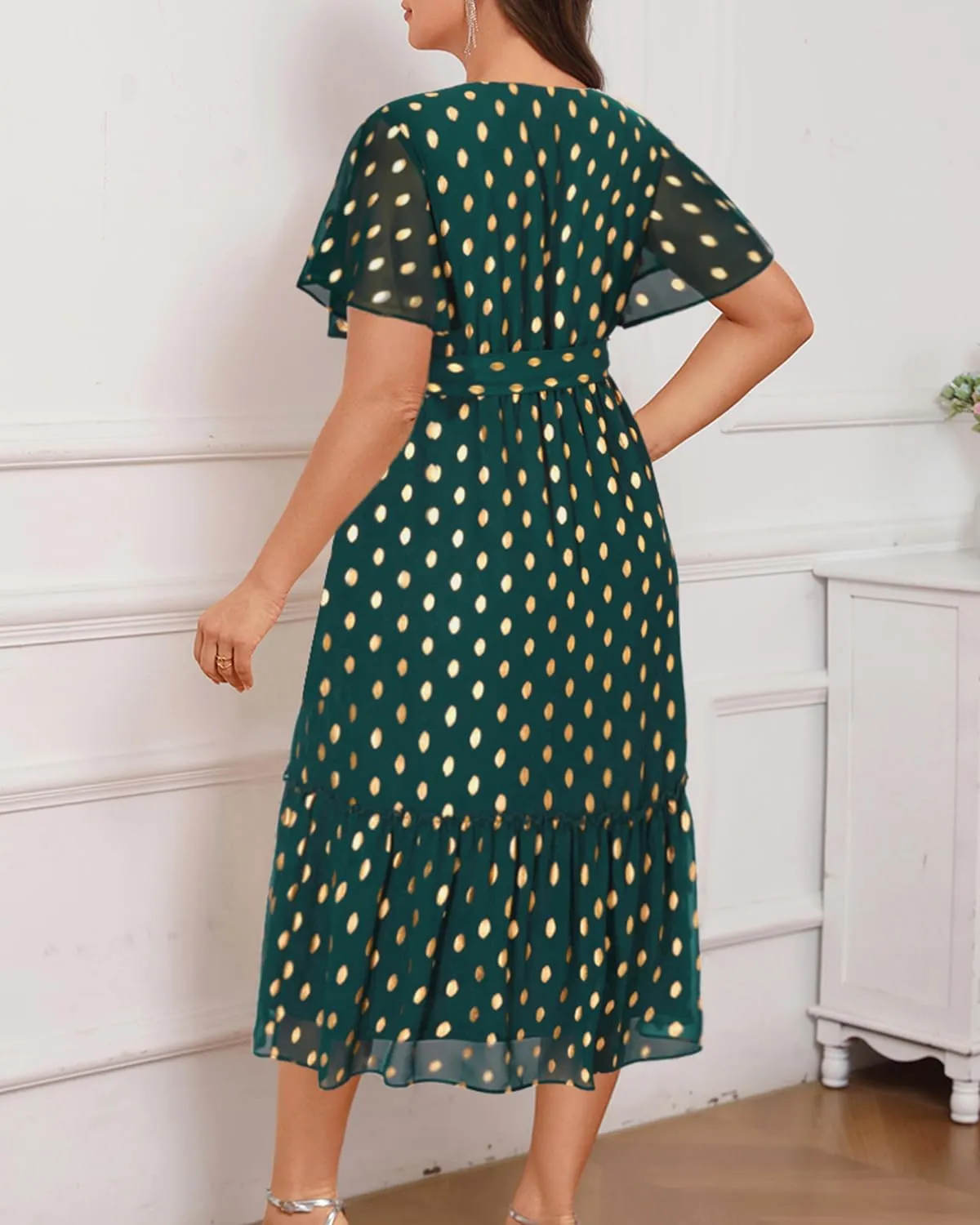 Women's Plus Size Dress for Wedding Guest - Semi Formal Cocktail Holiday Gold Dot Midi Dresses